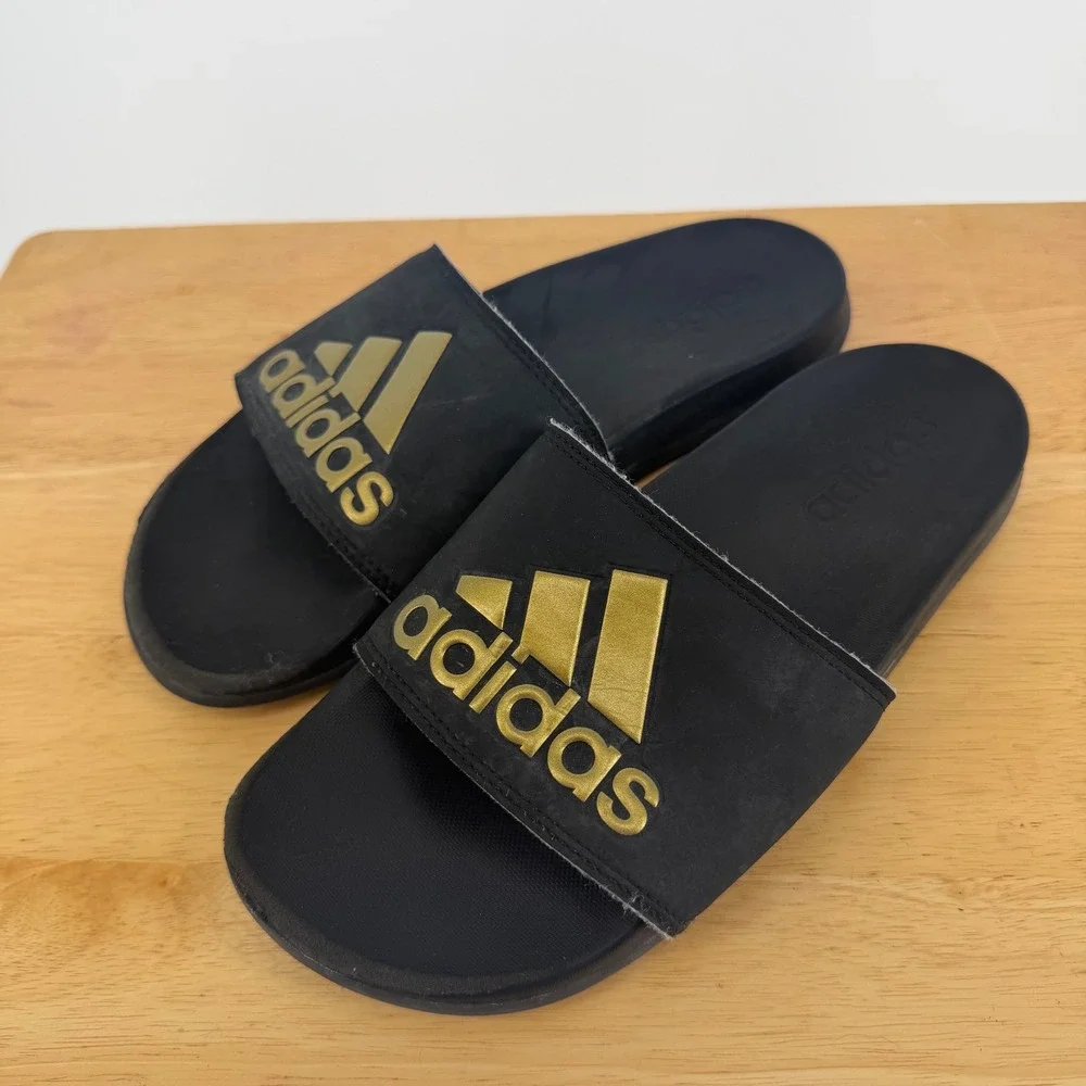 Adidas Adilette Comfort Slides Mens 7 Black Gold Sandal Sport Athleisure Slip On